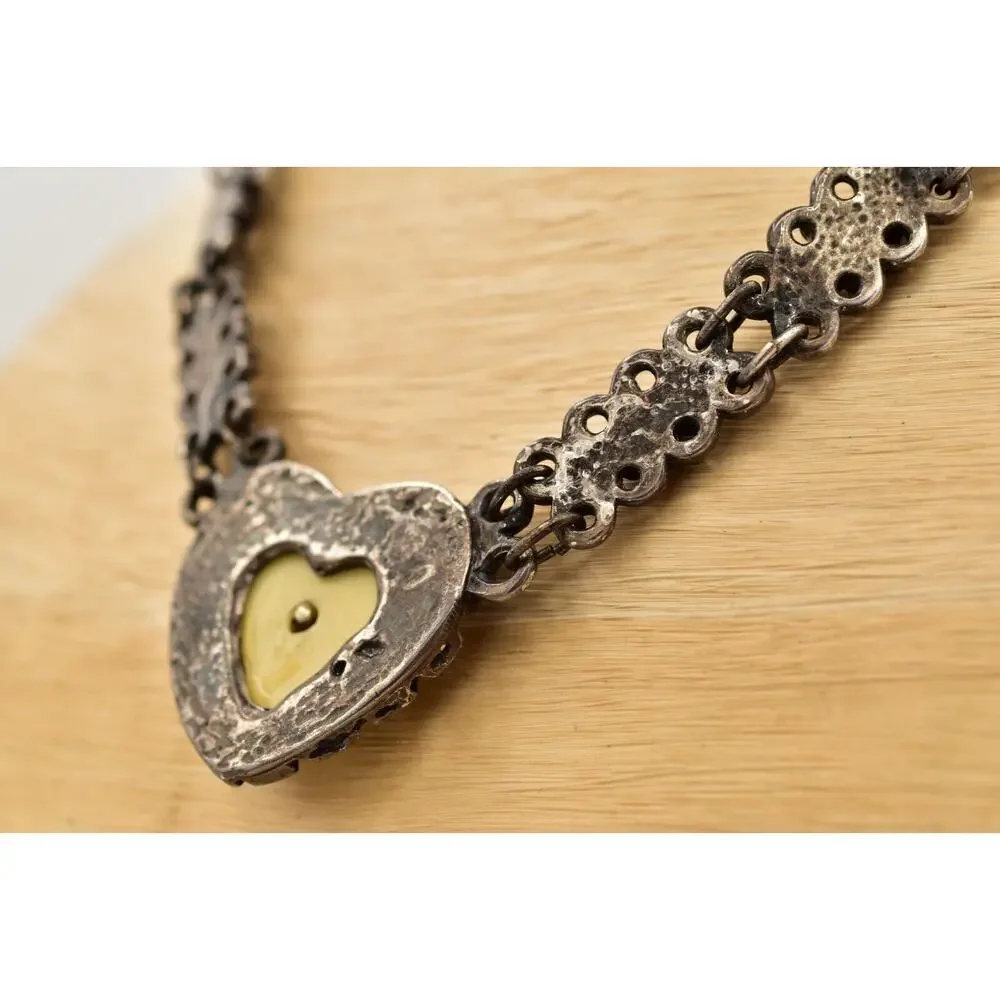 Vintage Heart Collar Necklace Chunky Crystal Linked Rustic Heavy 1990s BinBL